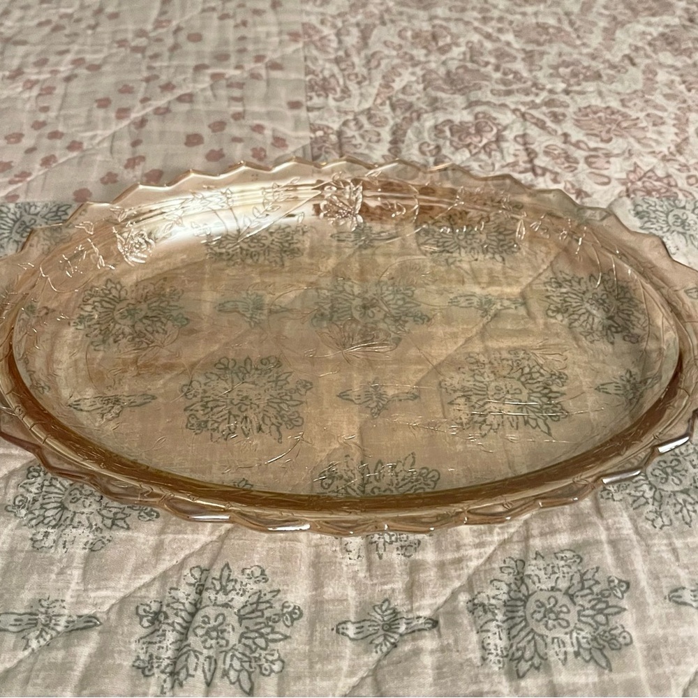 Vintage MCM 1950s Jeanette Glass Oval Marigold Iridescent Platter Tray.